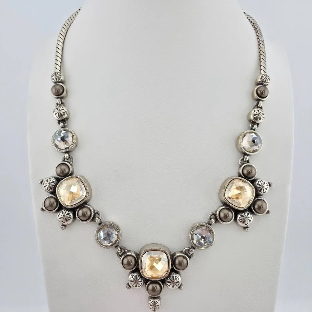 BRIGHTON 'Selene Neutral' Necklace SWAROVSKI Crystal Faux Pearl Silver Plate 18" - Picture 6 of 10